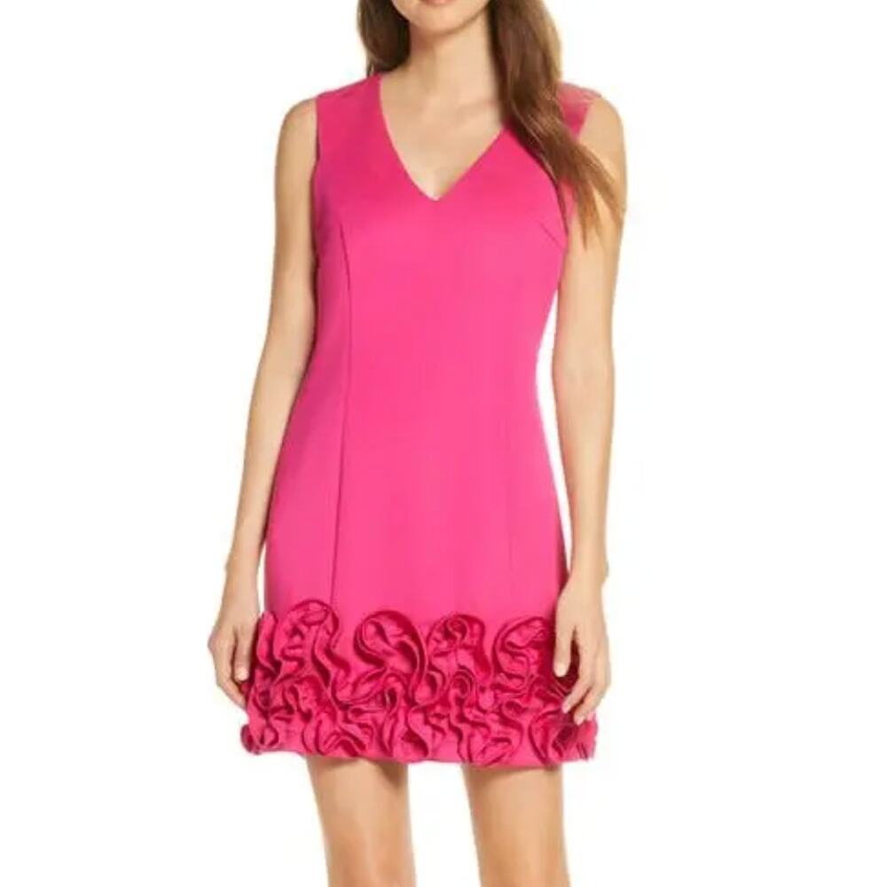 nwt Donna Ricco Hot Pink Cupcake Ruffle Hem Sheath Dress size US 2 Sleeveless